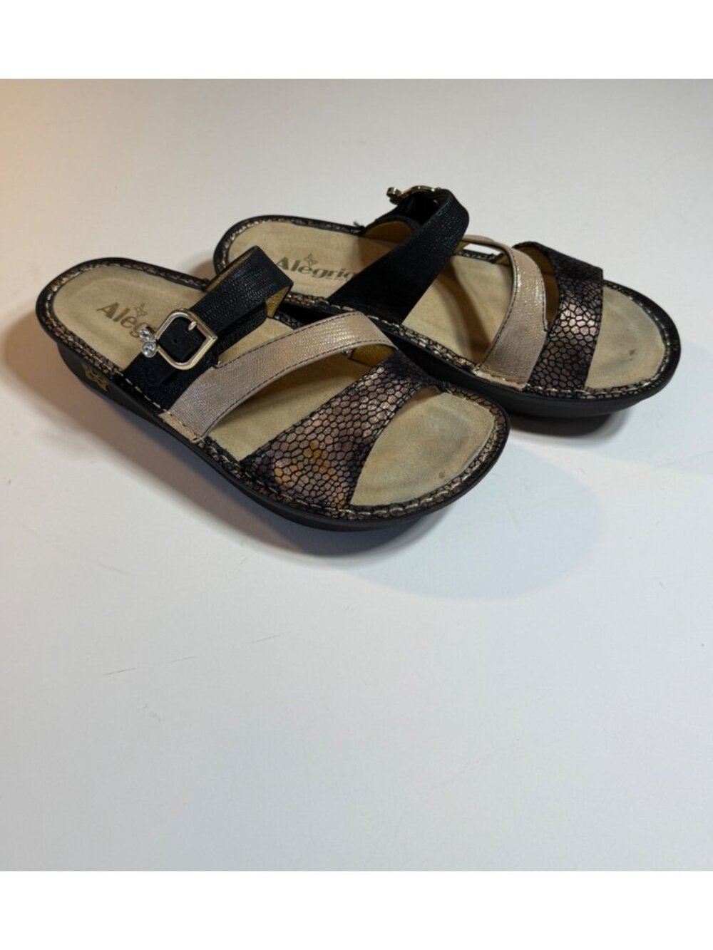 Alegria Womens Slide Sandals Size 39 Black & Bronze Leather Straps Adjustable